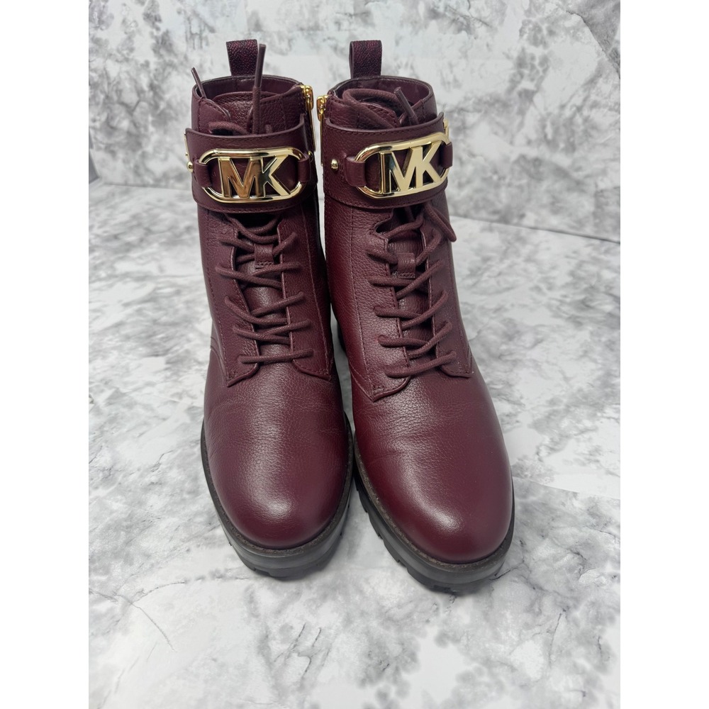 Michael Kors Burgundy Leather Lace Up Combat Boots Gold MK Logo Size 6.5M - Picture 3 of 10